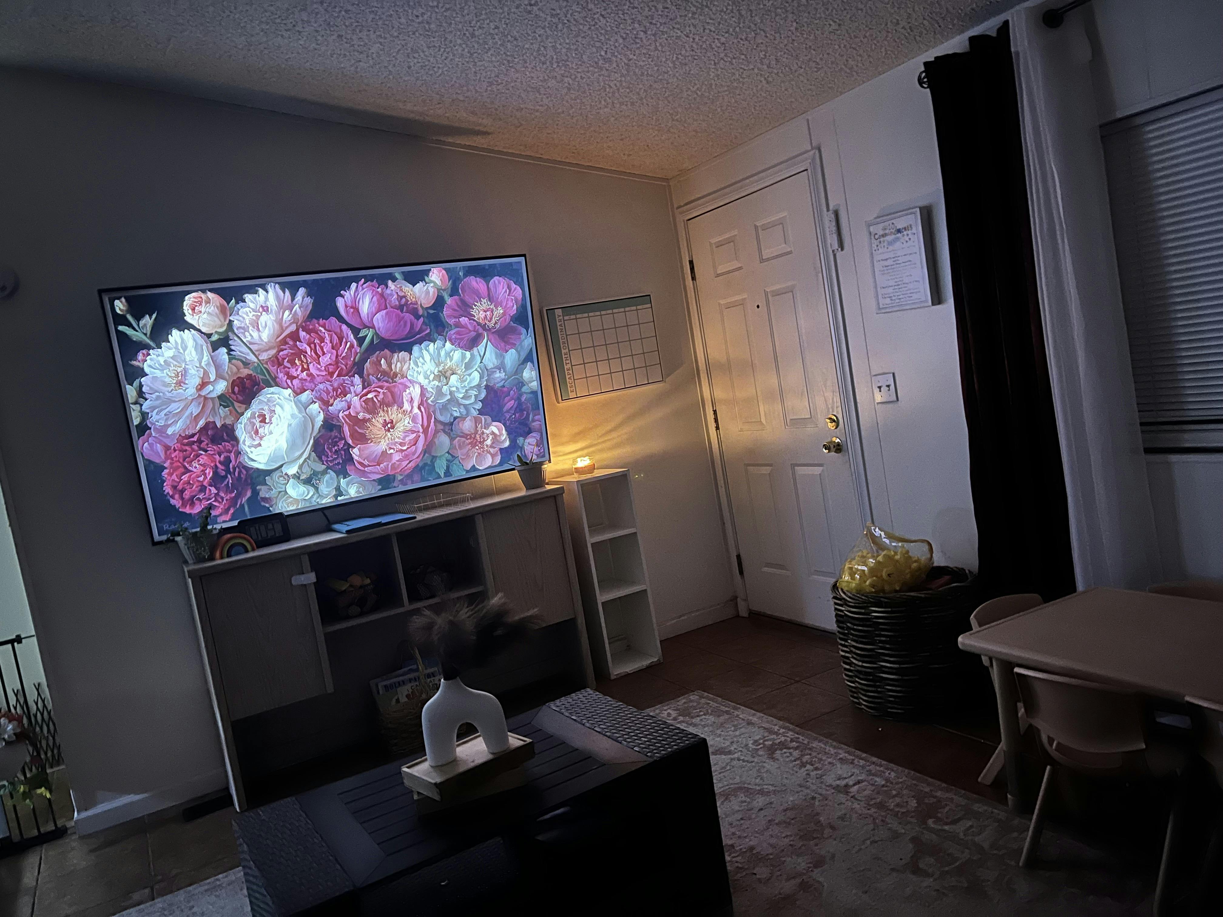 Television displaying a floral image in a living room