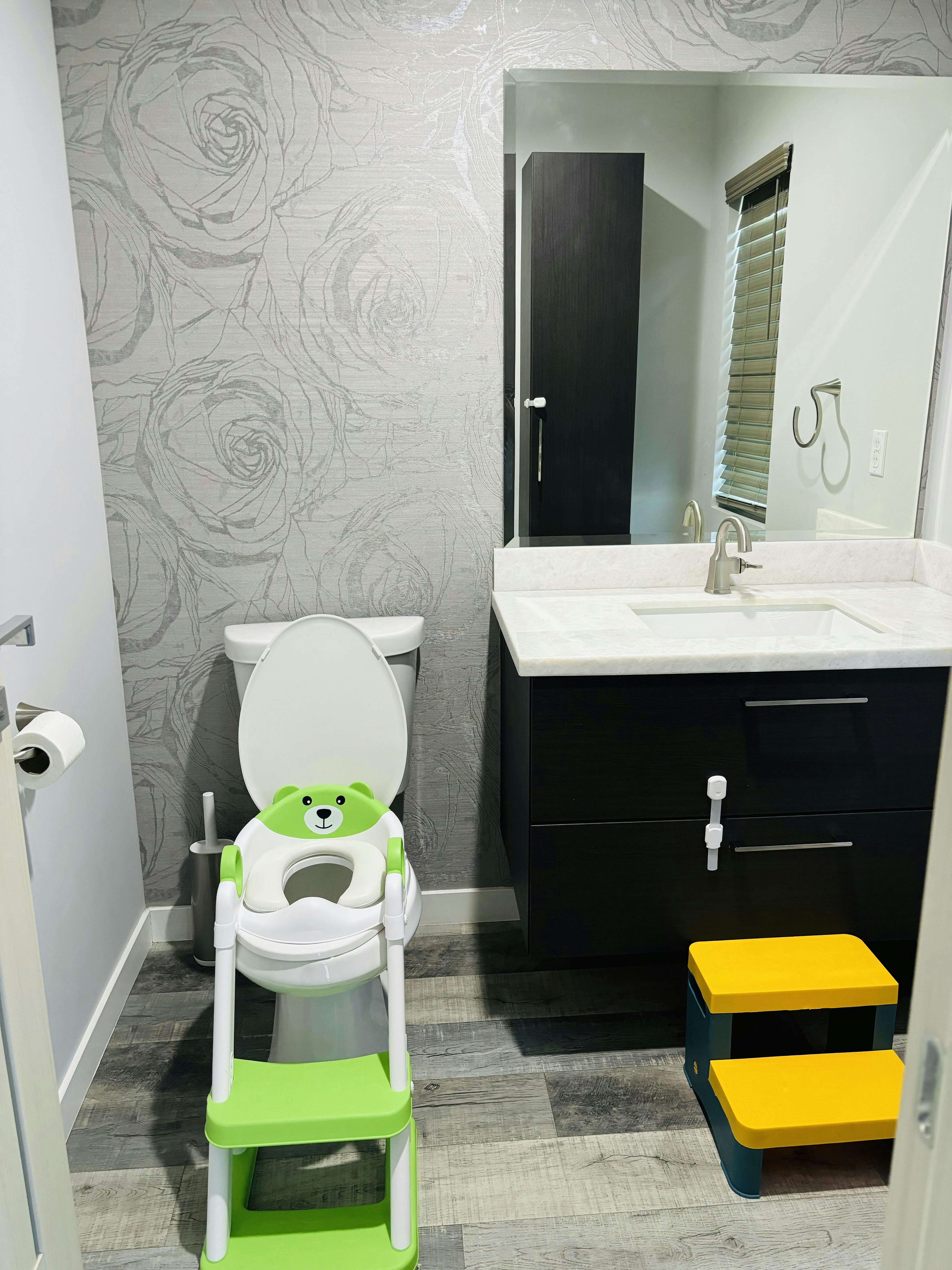 Child toilet training seat on a toilet, with a small stool nearby
