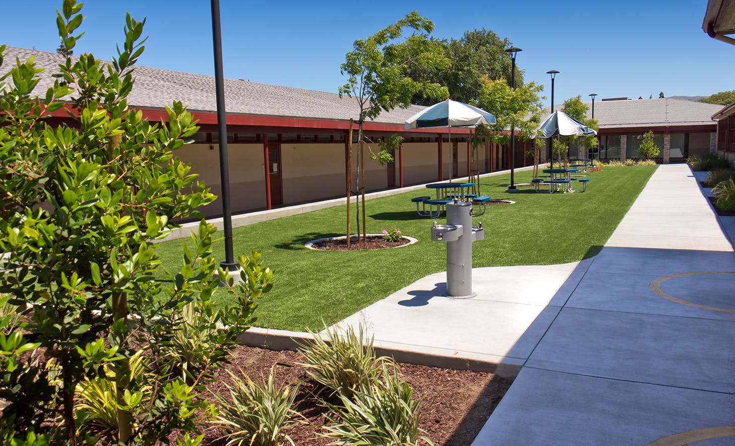 Outdoor area with green lawn, concrete paths, and buildings