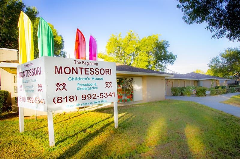 Montessori Children's House sign with phone number (818) 992-5341