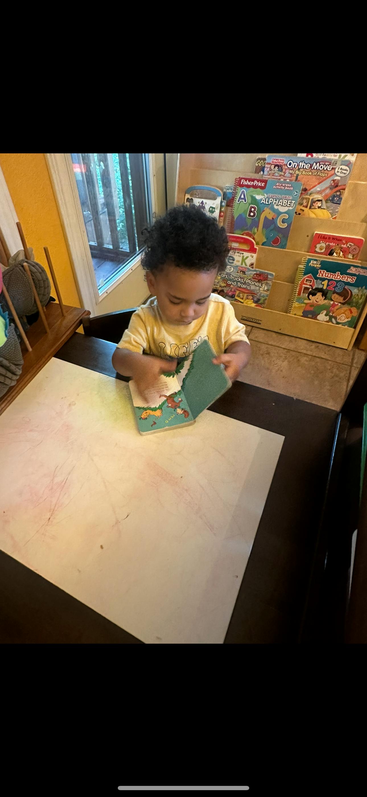 Child sitting at a table looking at a book
