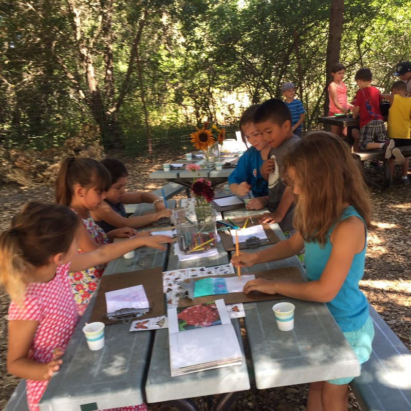 Children drawing and writing at picnic tables outdoors