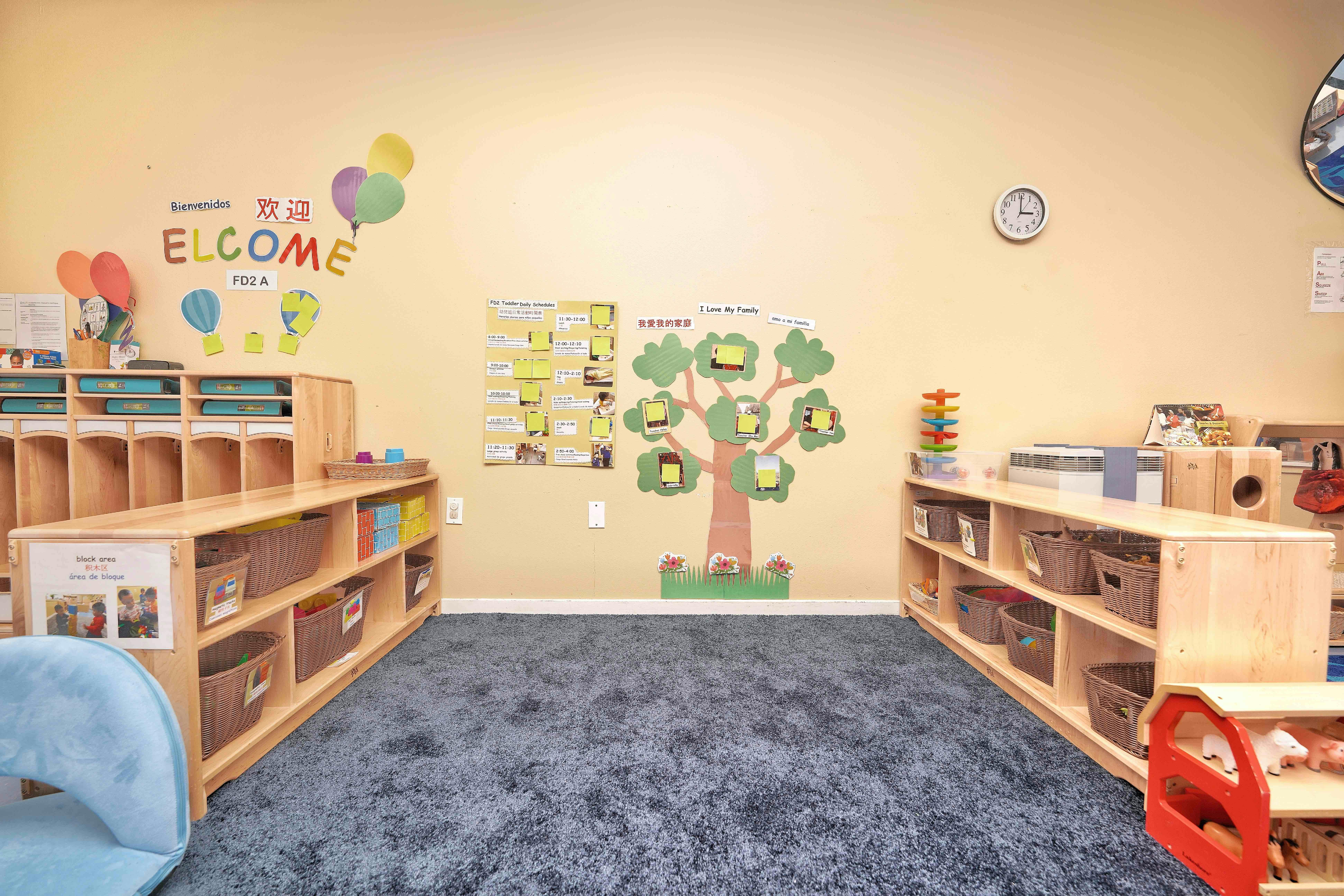 Classroom interior with wooden storage shelves and educational wall decorations