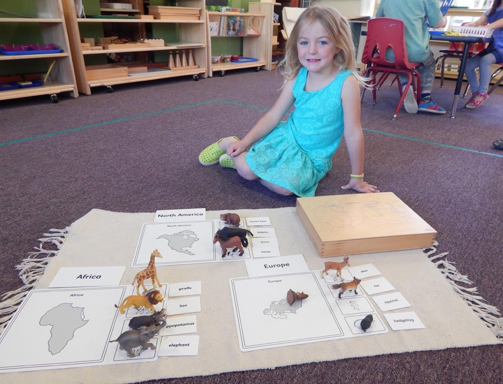 Child sitting on floor with animal figures and maps