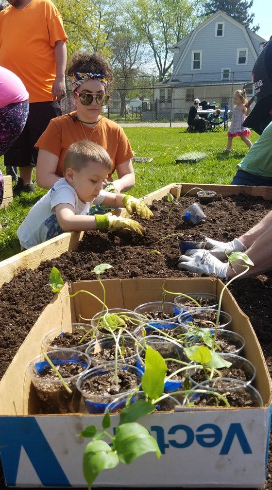 People and a child planting in a raised garden bed