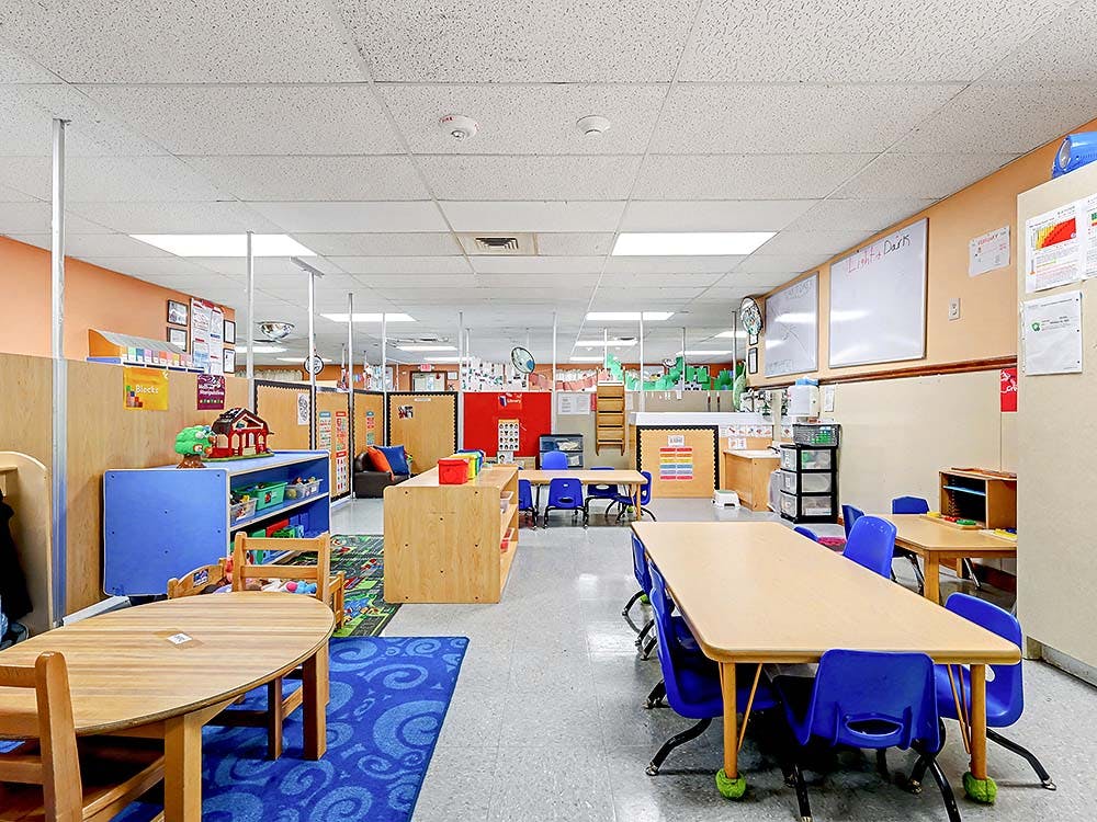Empty classroom with small tables and chairs