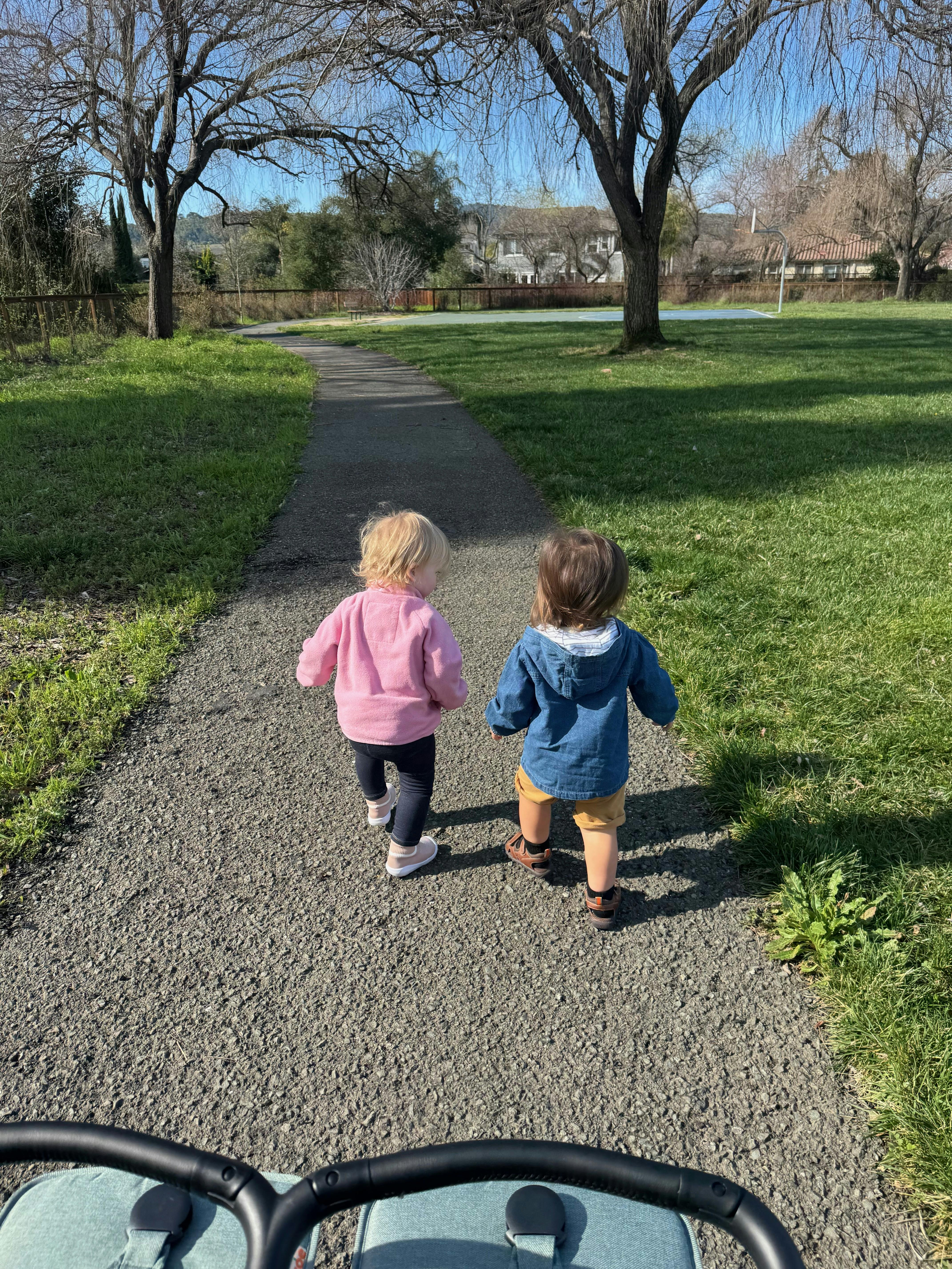 Two young children walking on a path in a park, viewed from behind