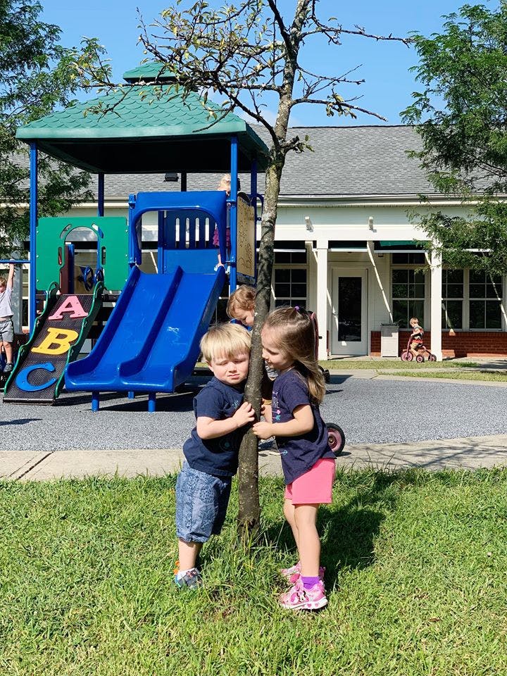 Two children standing by a tree on a playground