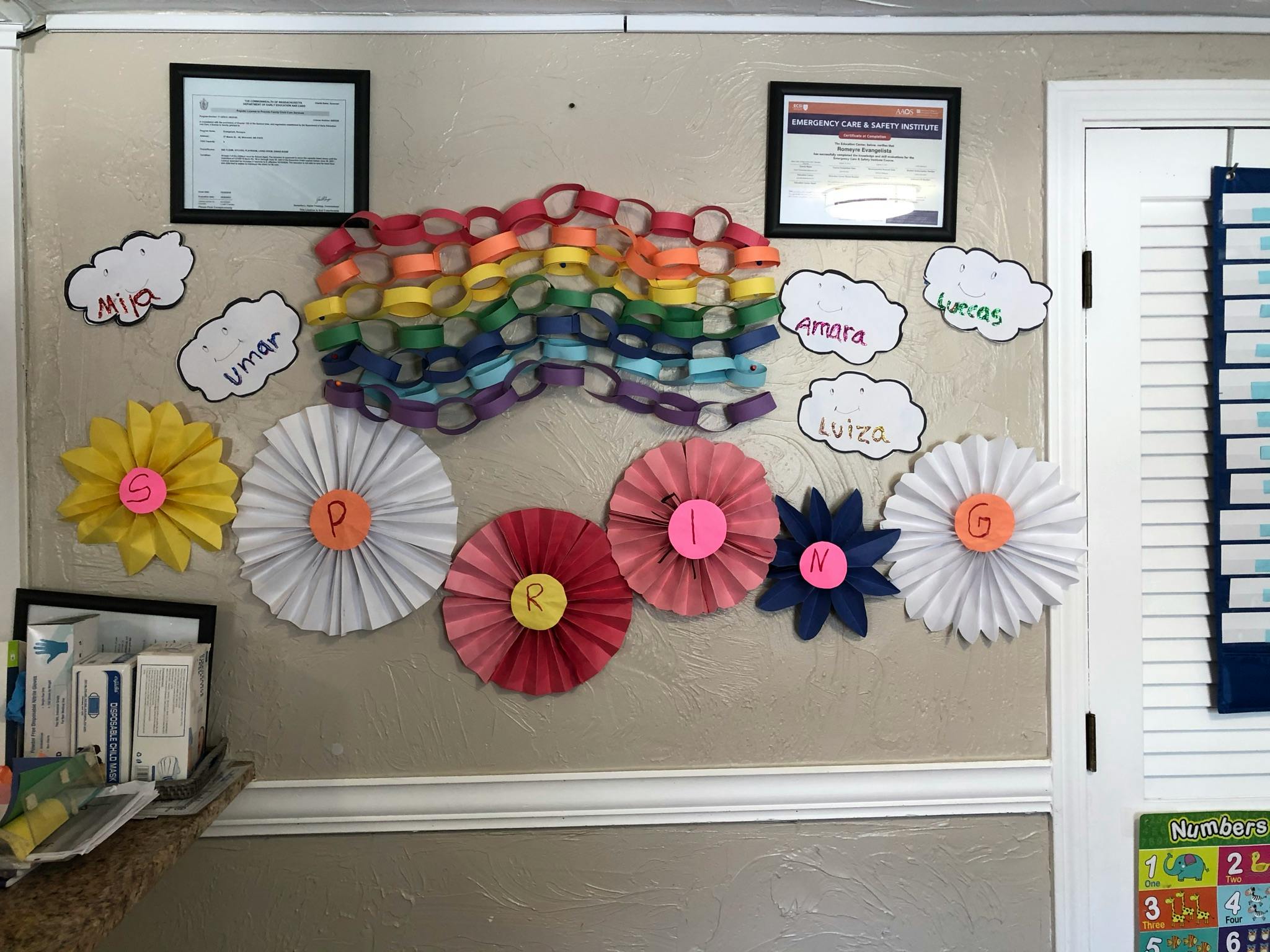 Wall decorated with paper flowers and a rainbow chain