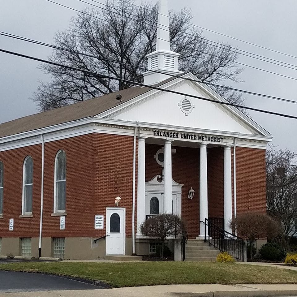 Erlanger United Methodist Church building with a steeple