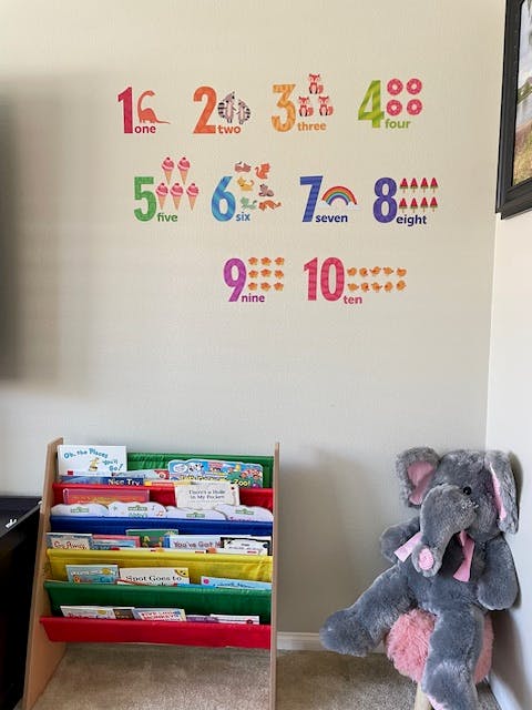 Wall decals of numbers 1-10 with corresponding images, a bookshelf, and a stuffed elephant