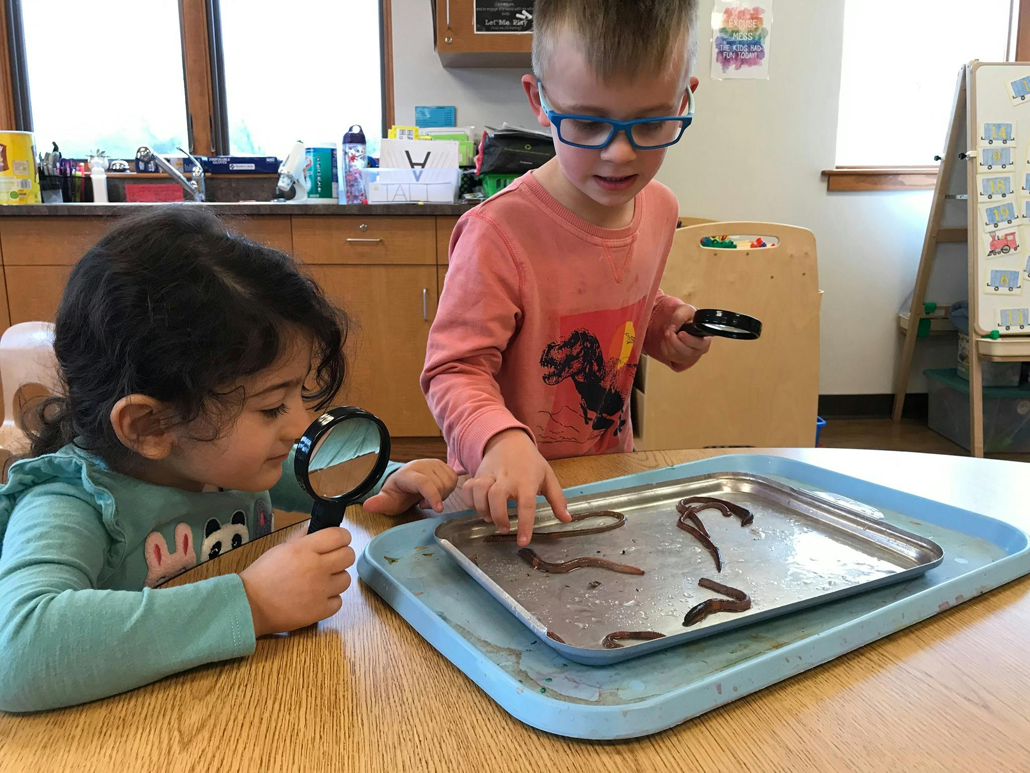 Two children examining worms on a tray with magnifying glasses
