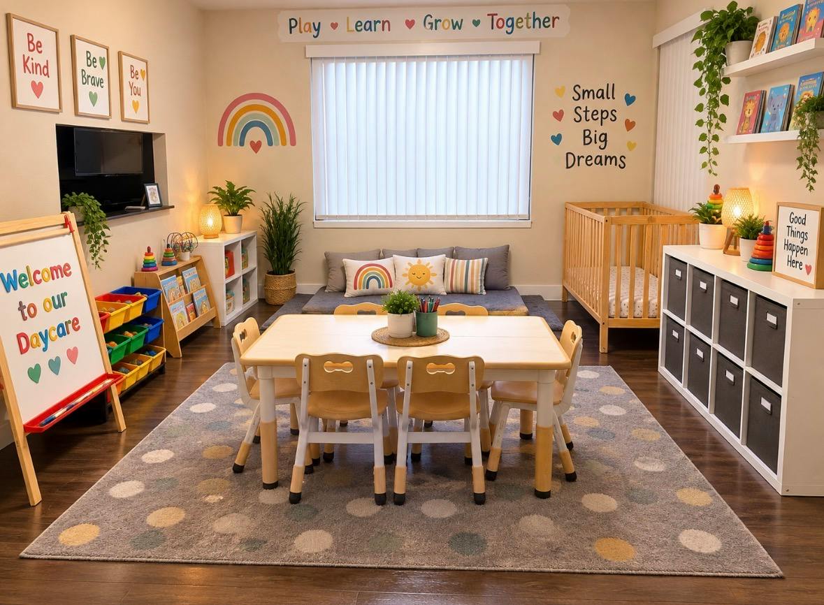 Childcare room with a table, small chairs, a crib, and educational wall decals