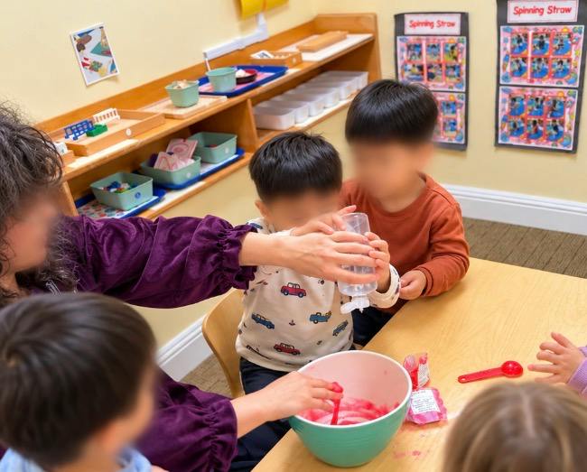 Adult assisting children in a classroom with a science activity in a mixing bowl