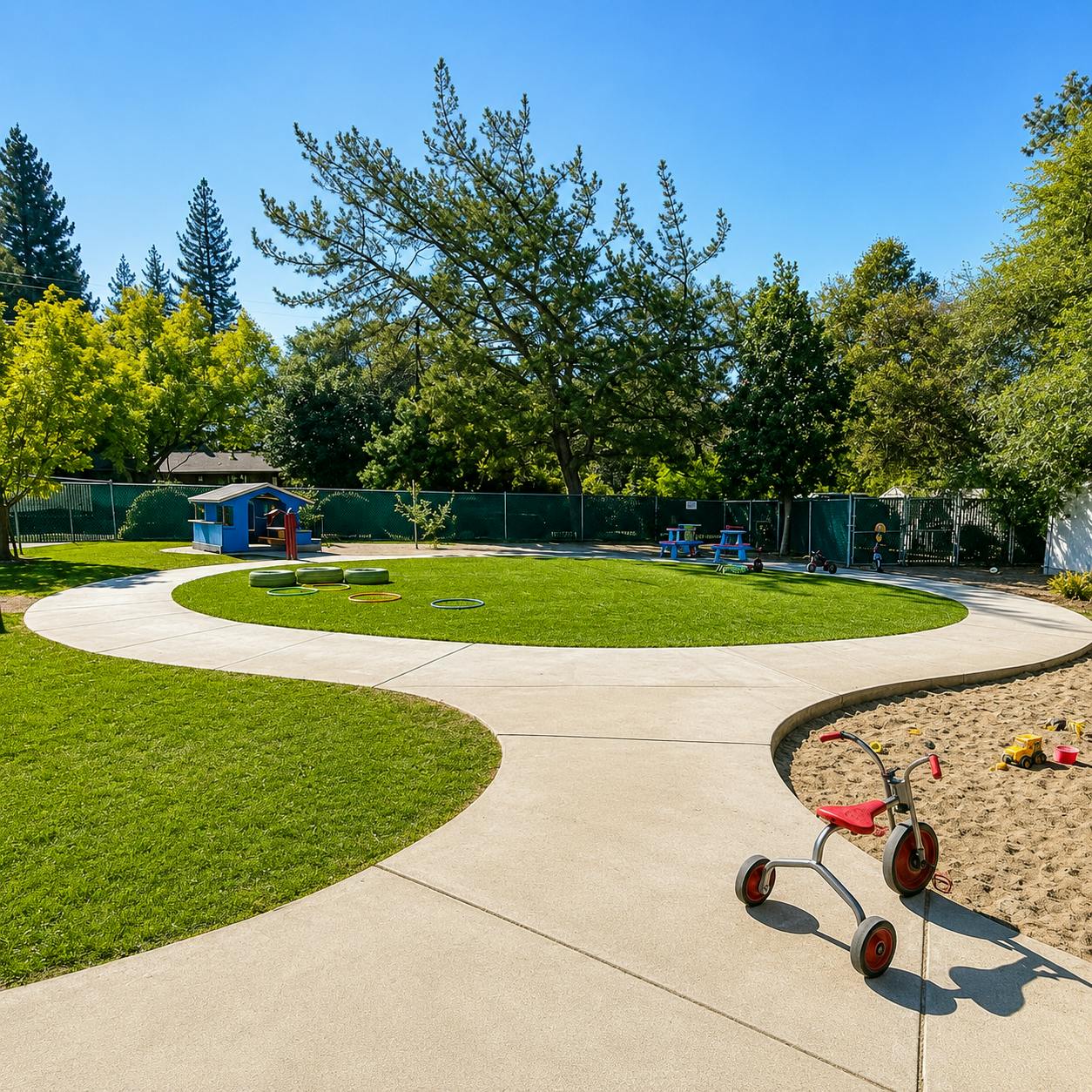 Childs tricycle on a concrete path in a playground with a sandbox and lawn