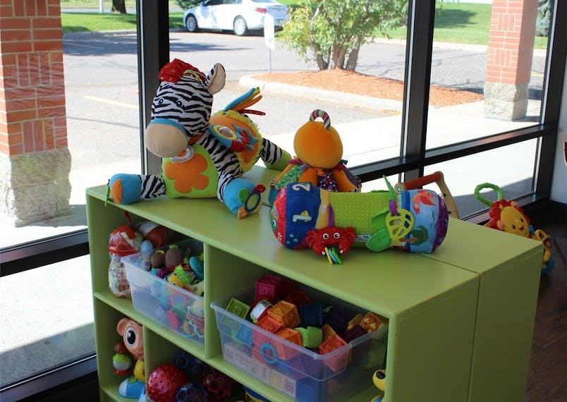 Stuffed animals and toys on a green shelf