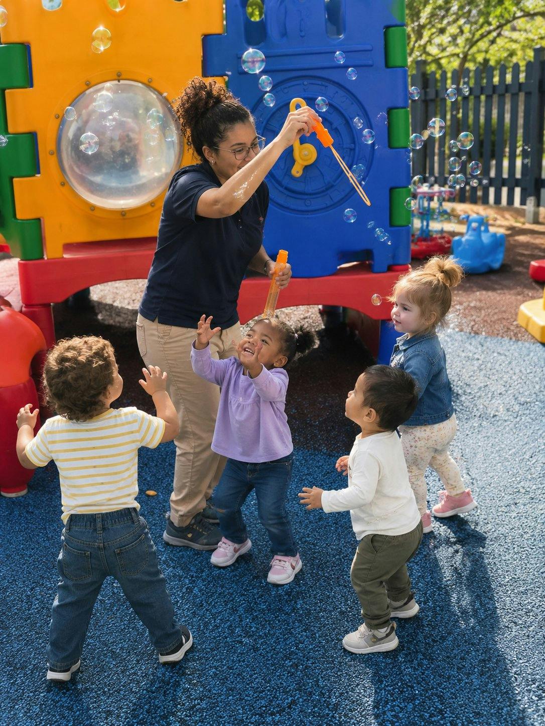 Person blowing bubbles for three children on a playground