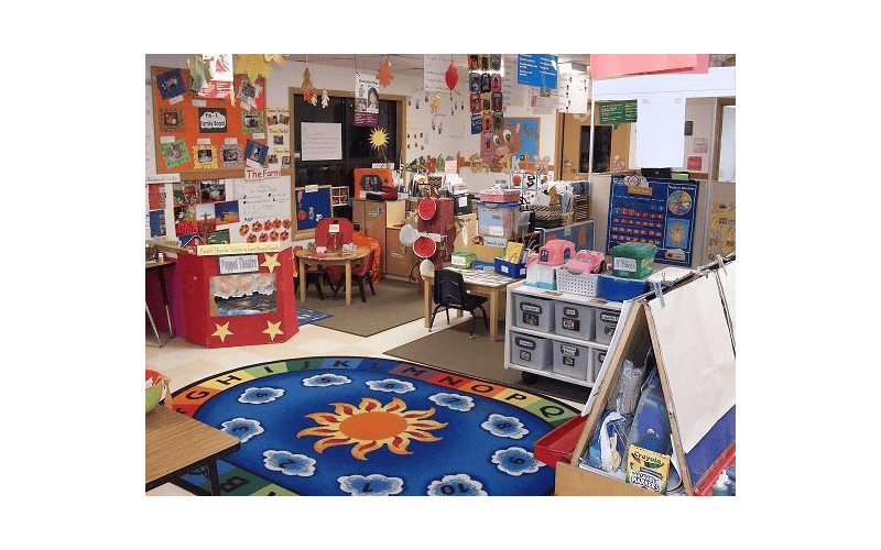 Colorful classroom with a sun and clouds rug in the center