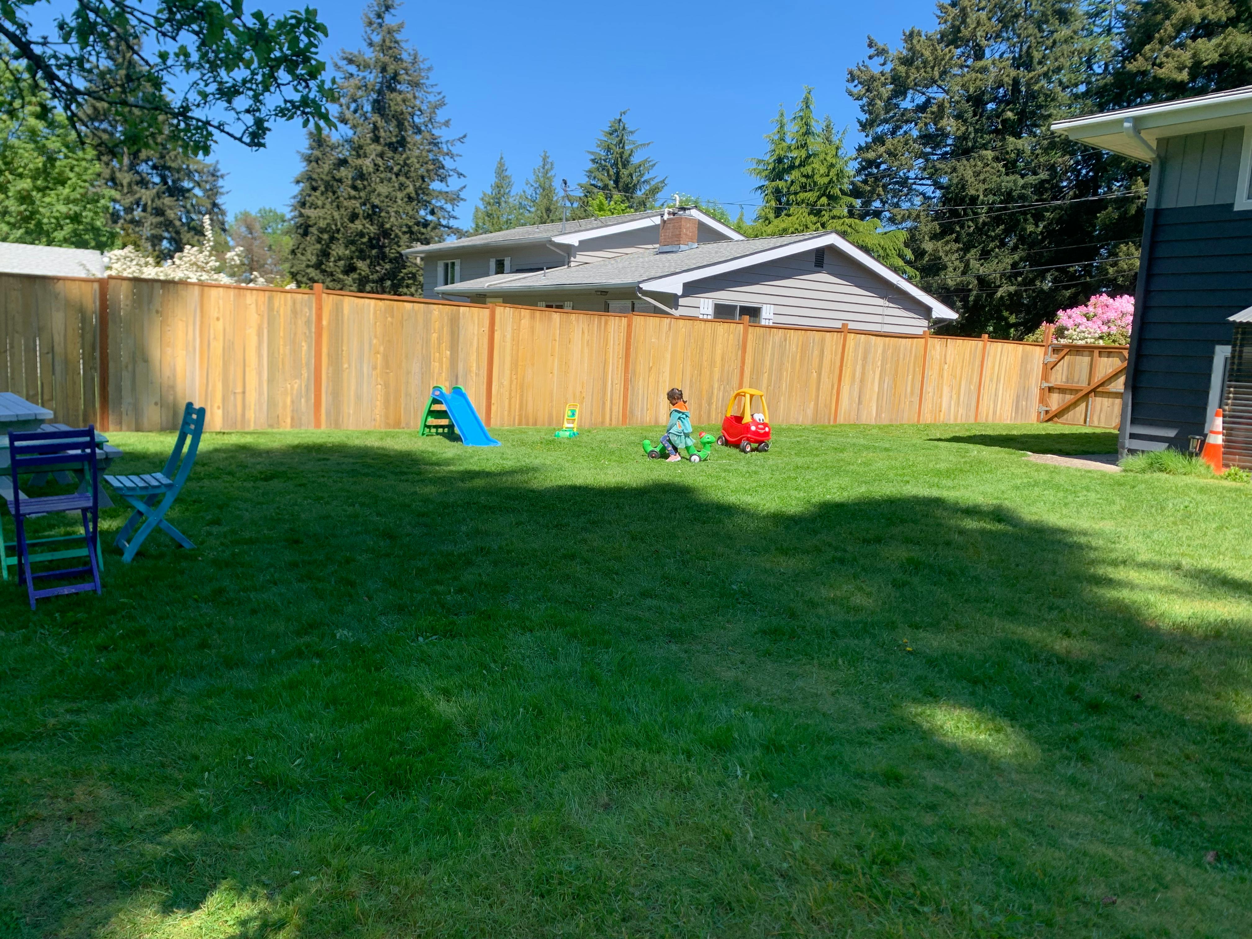 Child playing in a grassy backyard with a fence and houses in the background