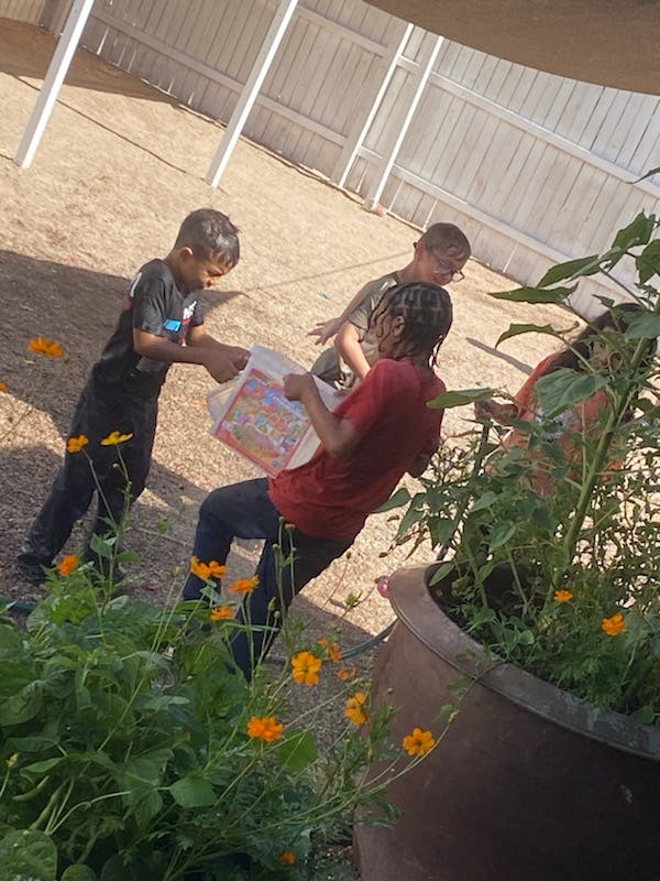 Children playing with a container outdoors