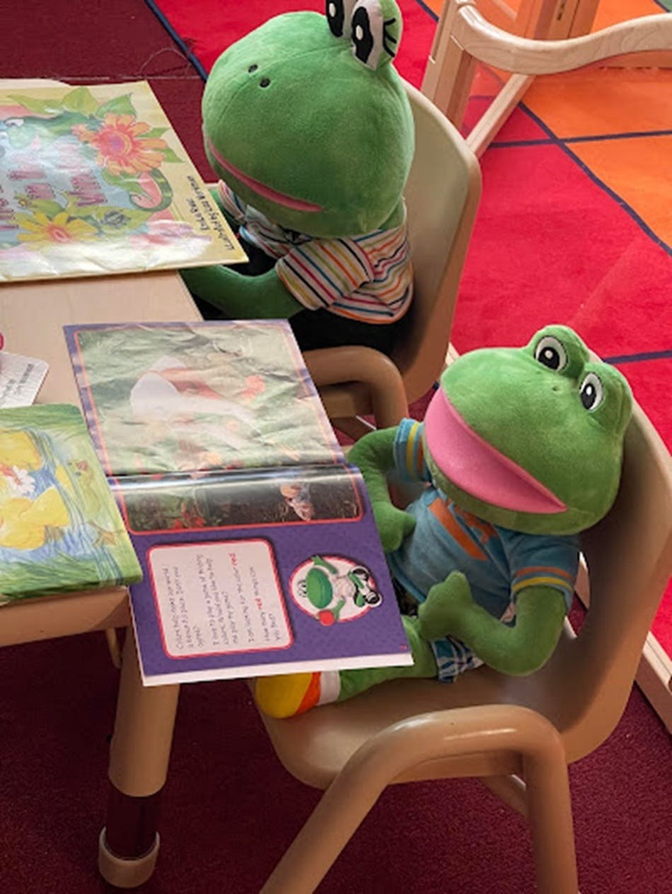 Two frog stuffed animals sitting at a table with open books