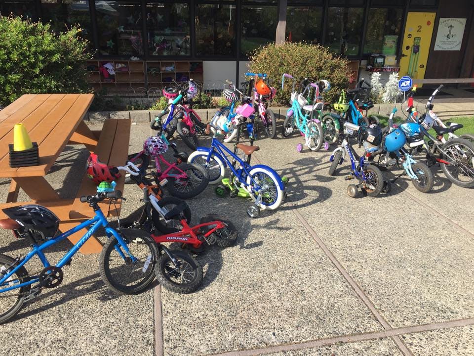 Many bicycles parked on a paved area next to a picnic table