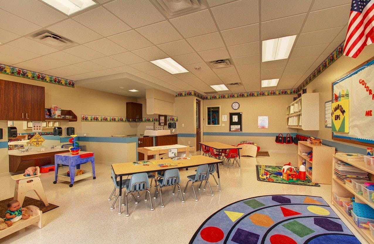 Empty classroom with small tables and chairs