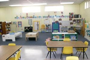 Empty classroom with small tables and chairs