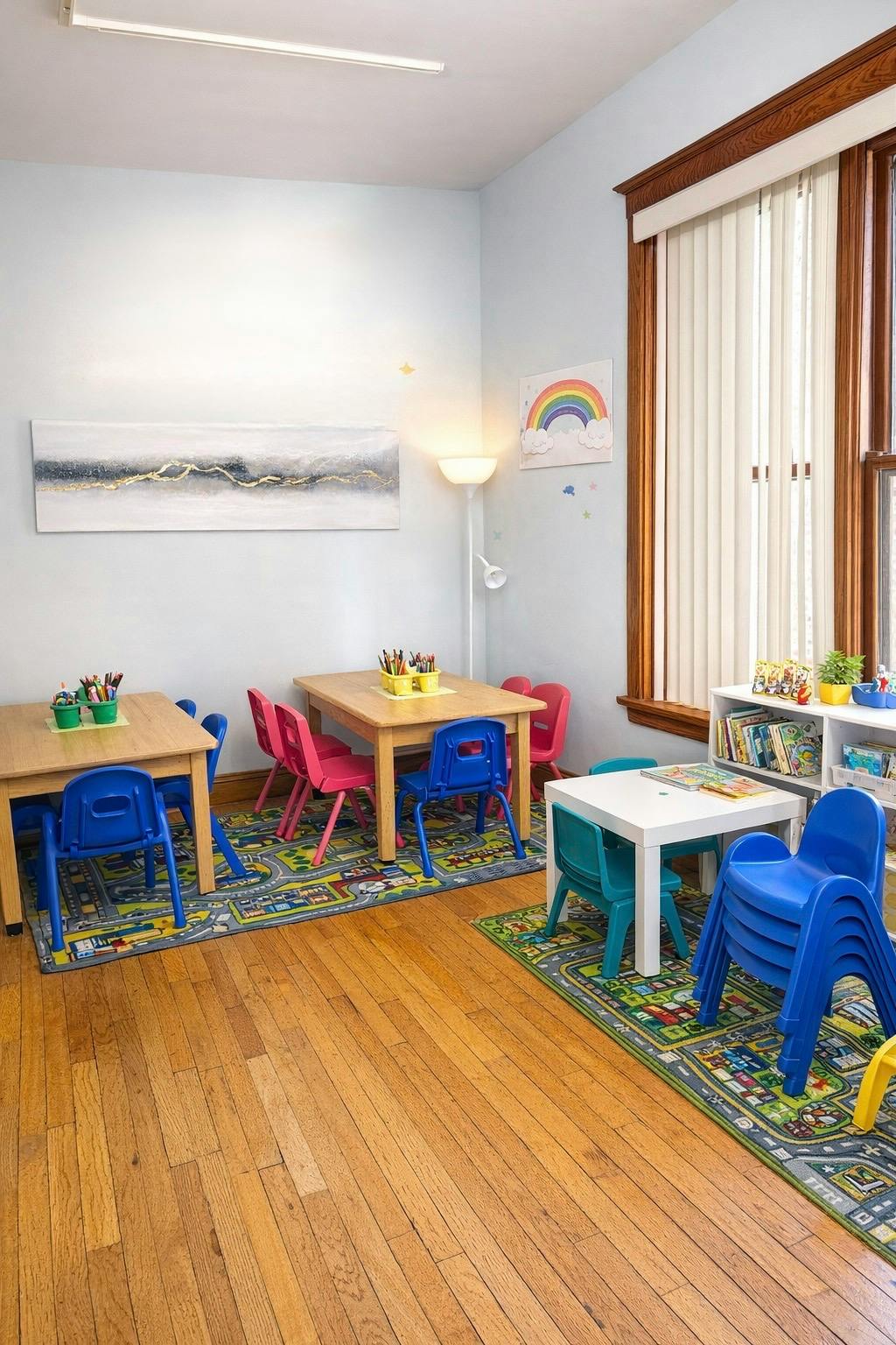 Small tables and chairs in a children's playroom