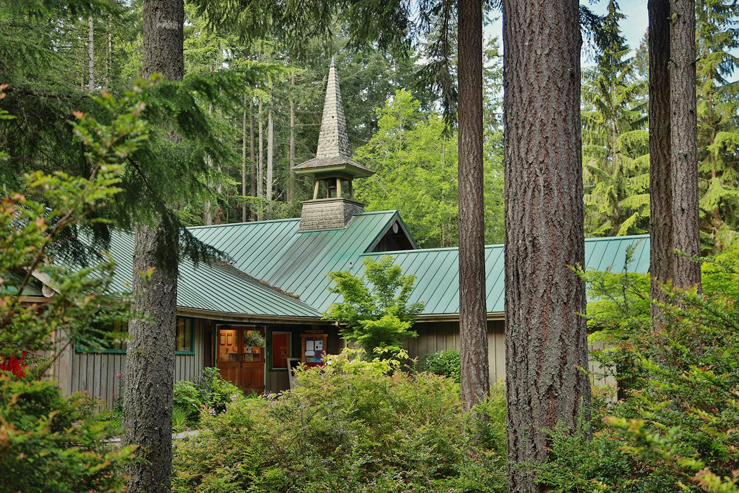 Building with a green roof and steeple surrounded by trees