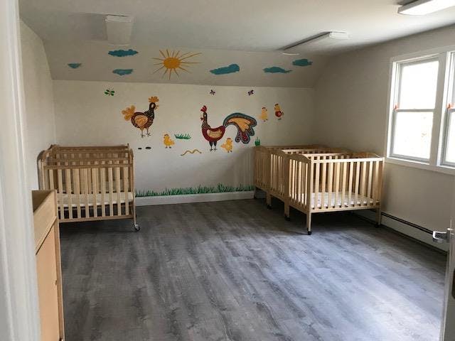 Two empty cribs in a room with animal wall decals