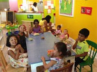 Children sitting around a table in a classroom