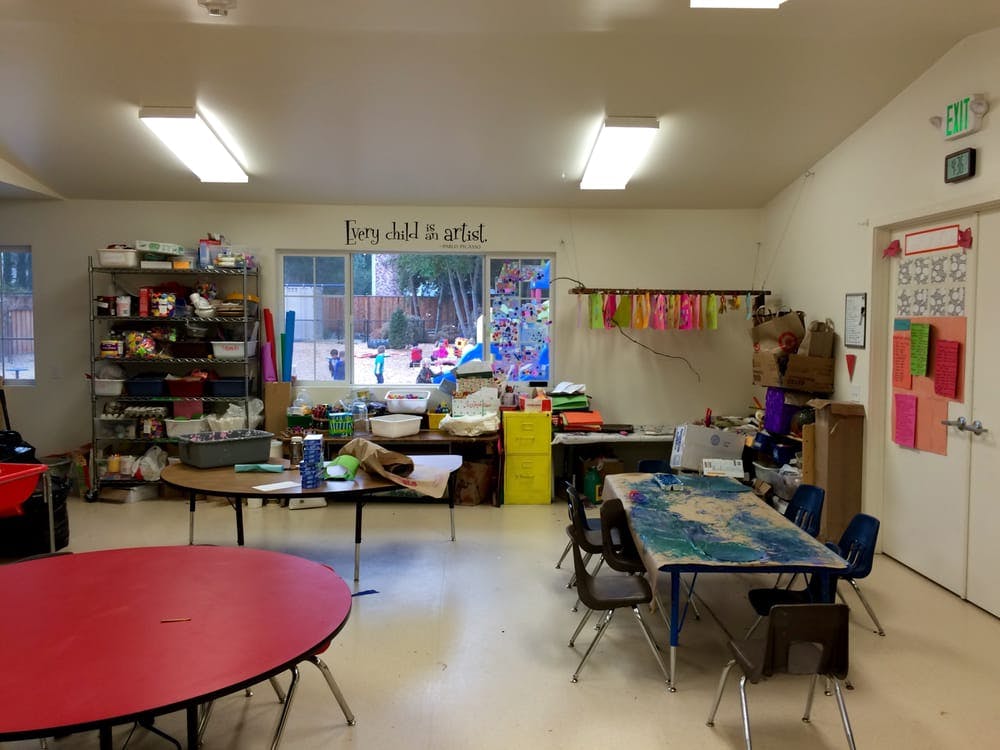 Classroom with tables, chairs, and art supplies
