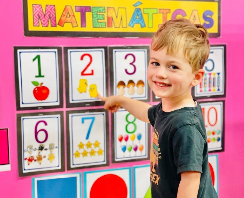 Child pointing to a number two card on a classroom math wall chart