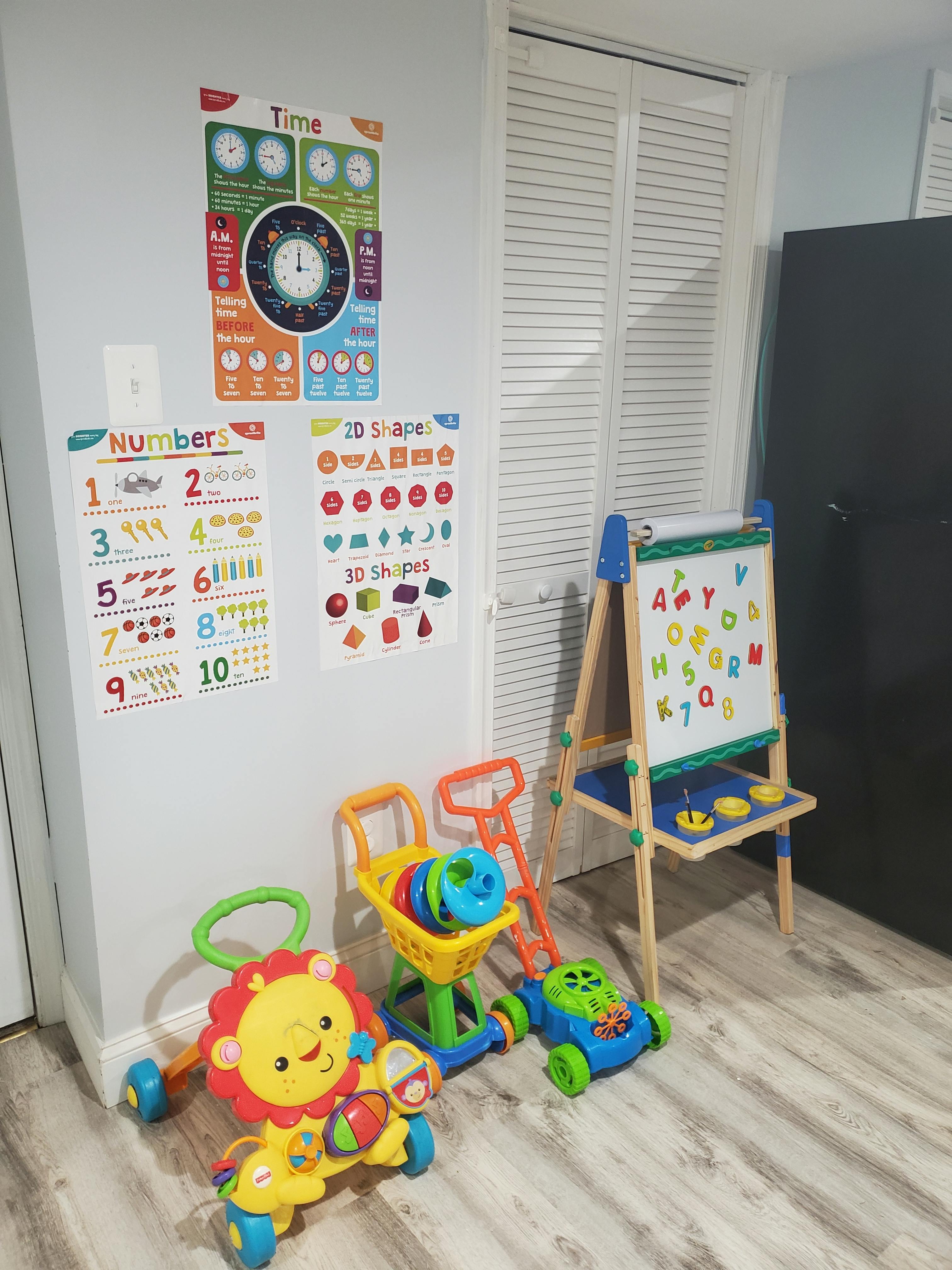 Educational posters on a wall with an easel and toys on the floor