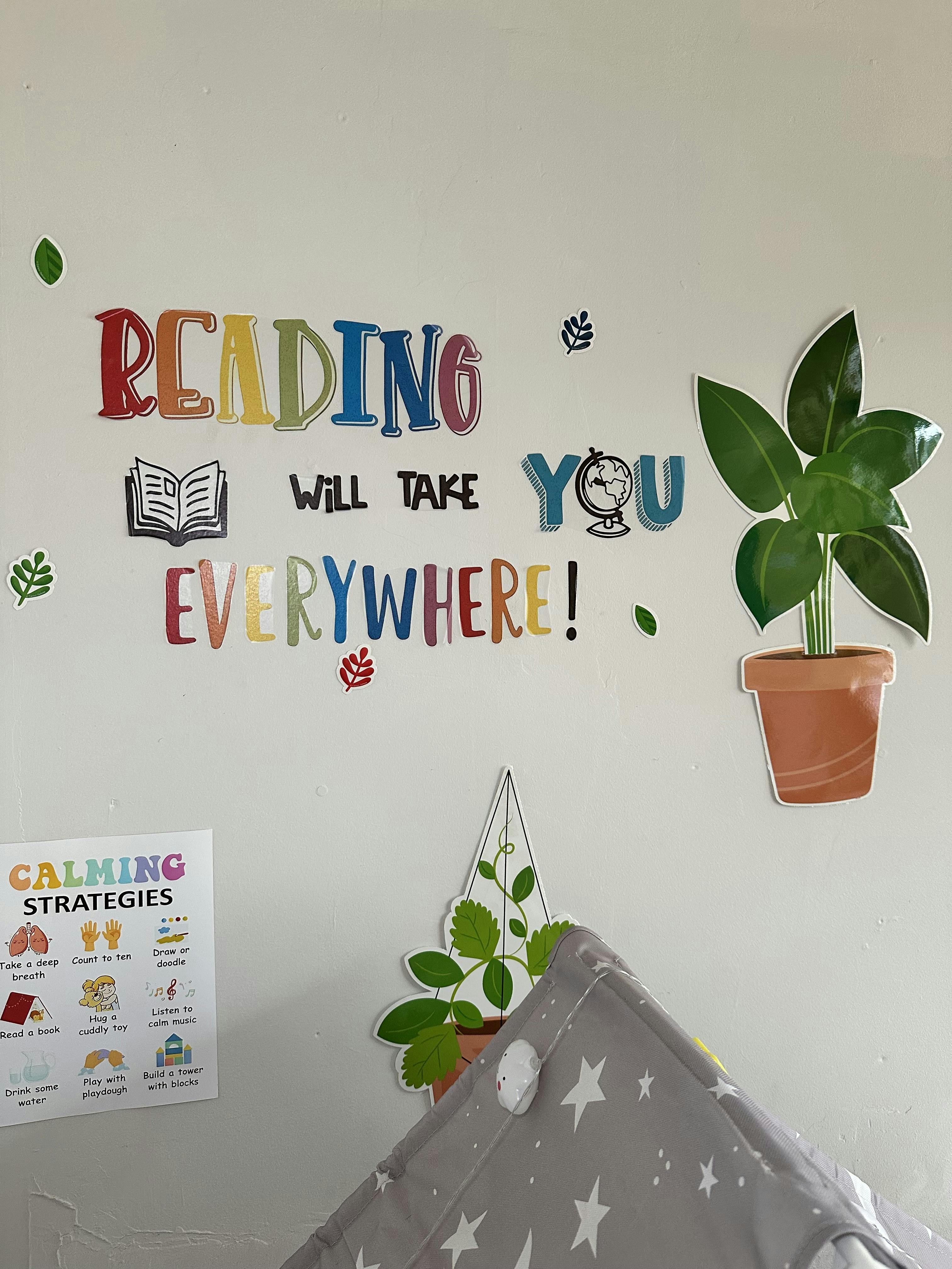 Wall decor reading motivation sign and a calming strategies poster