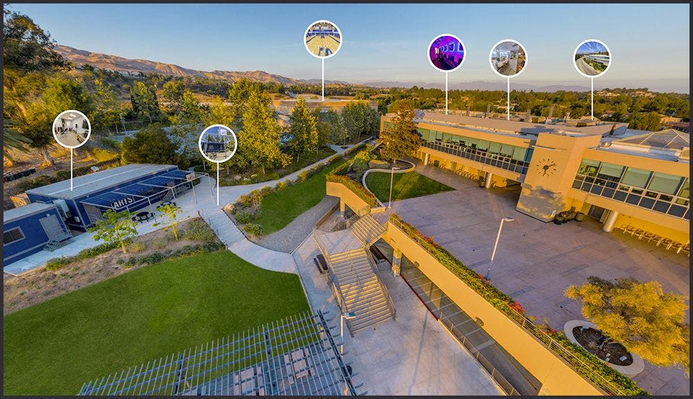 Aerial view of a modern building complex with various internal shots highlighted
