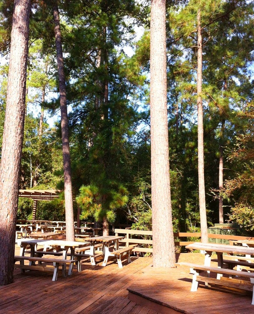Picnic tables on a wooden deck surrounded by trees