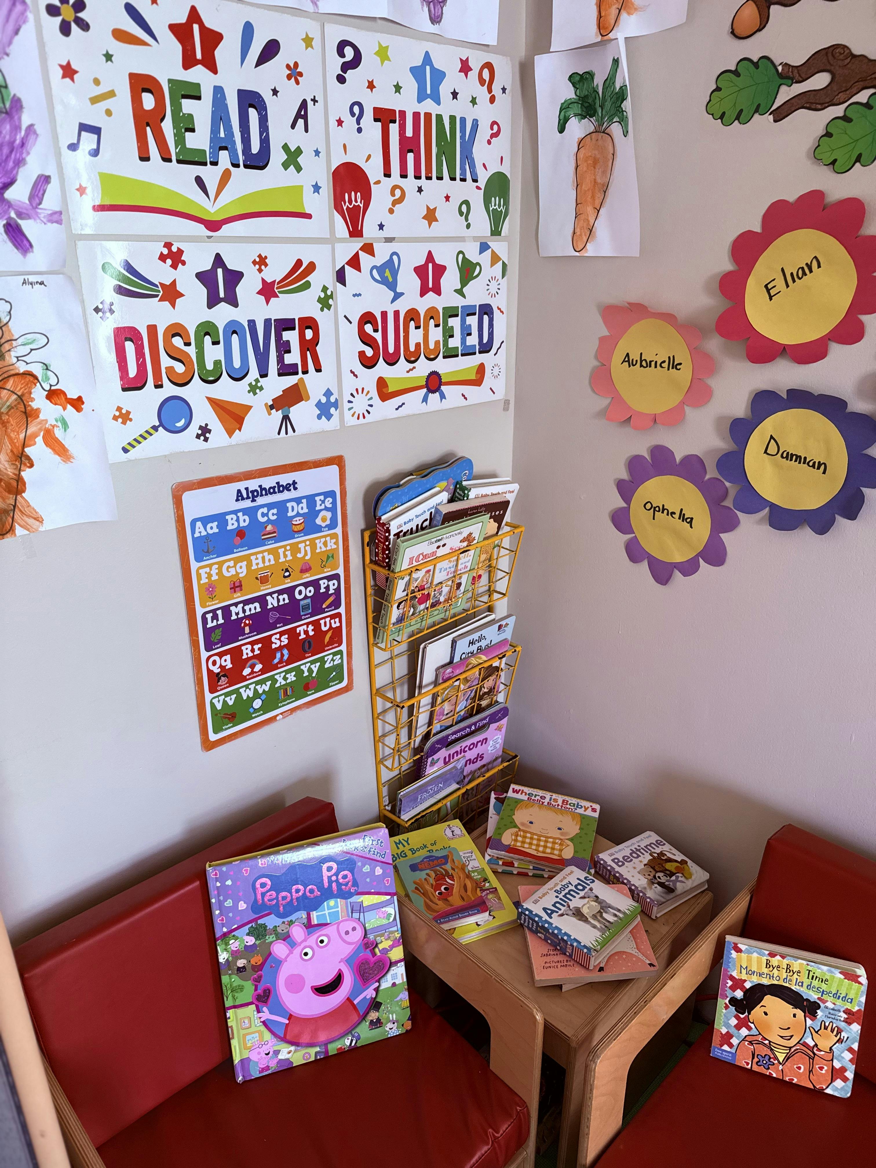 Reading corner with children books and educational wall posters