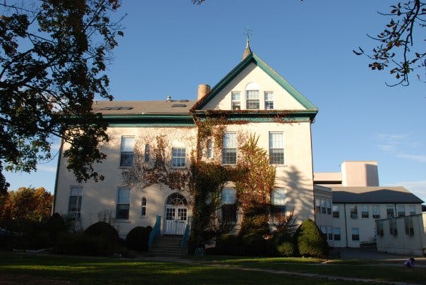 Large white building with green roof and ivy on the facade