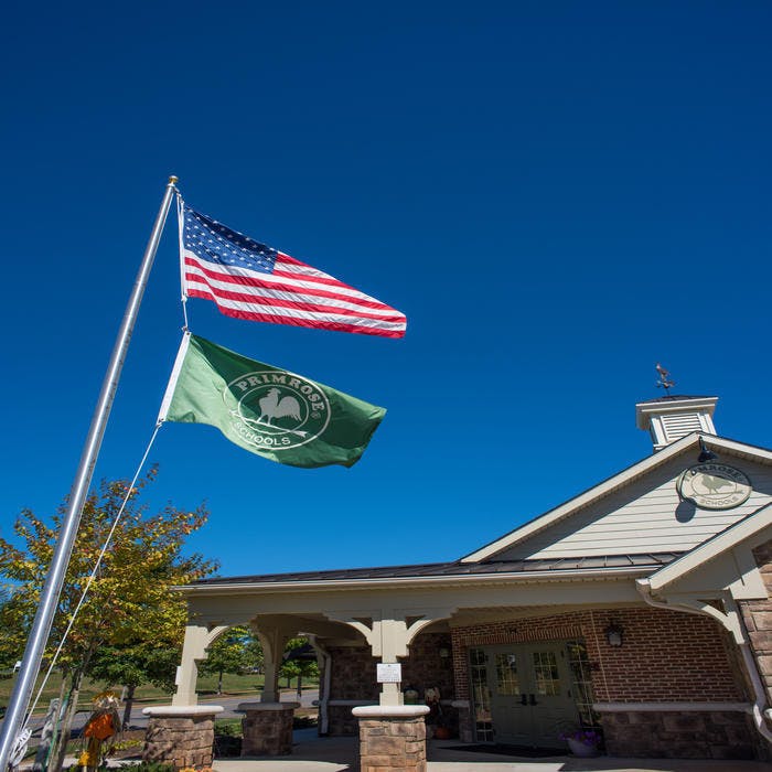 American flag and green flag with logo flying on poles in front of a building
