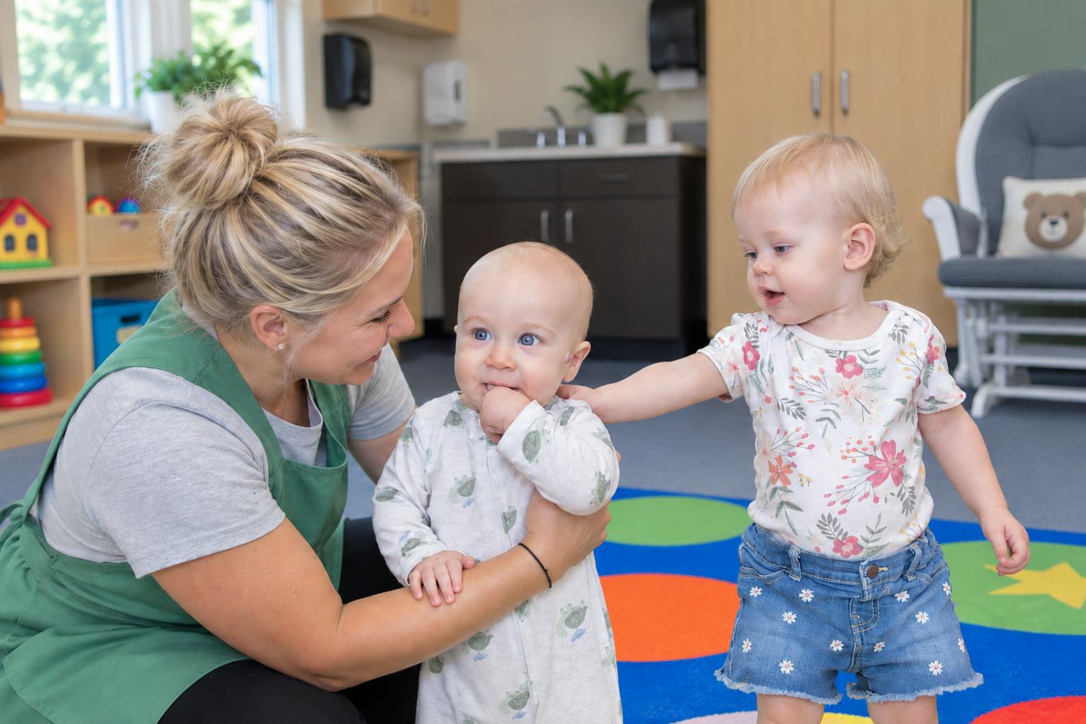 Adult interacting with two children in a classroom
