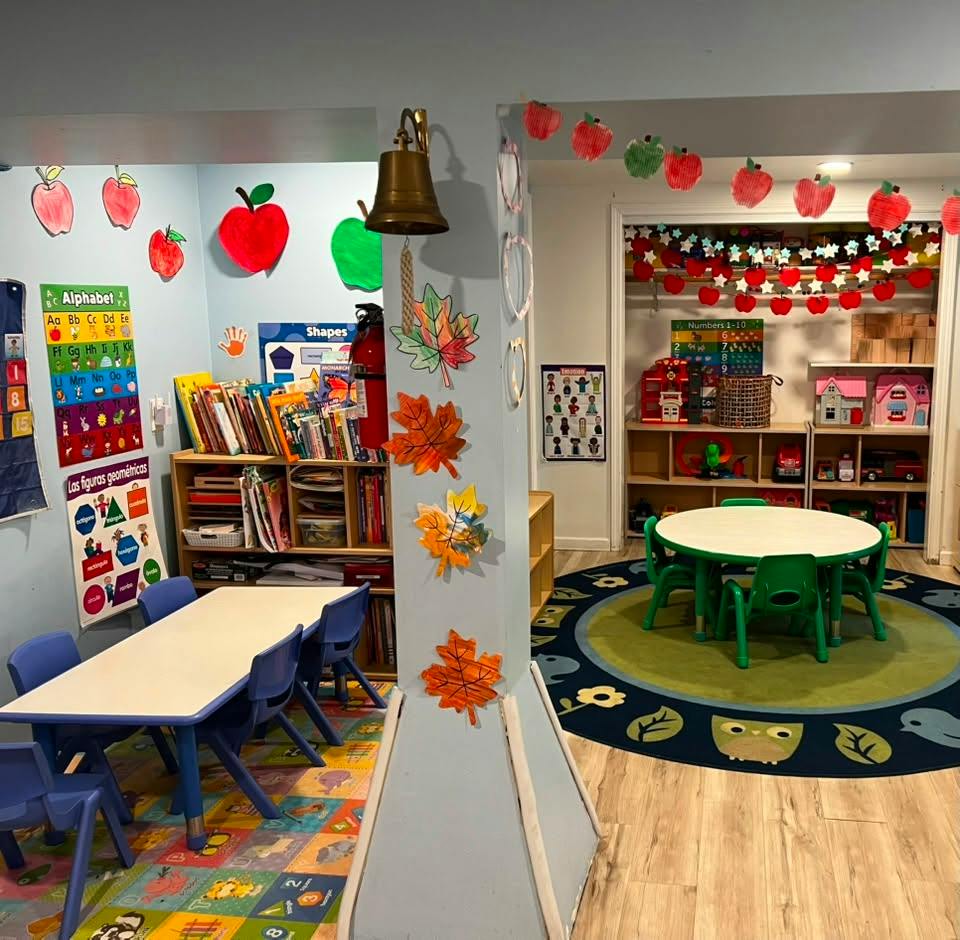 Classroom interior with small tables and chairs for children
