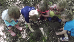Children looking at something on the ground
