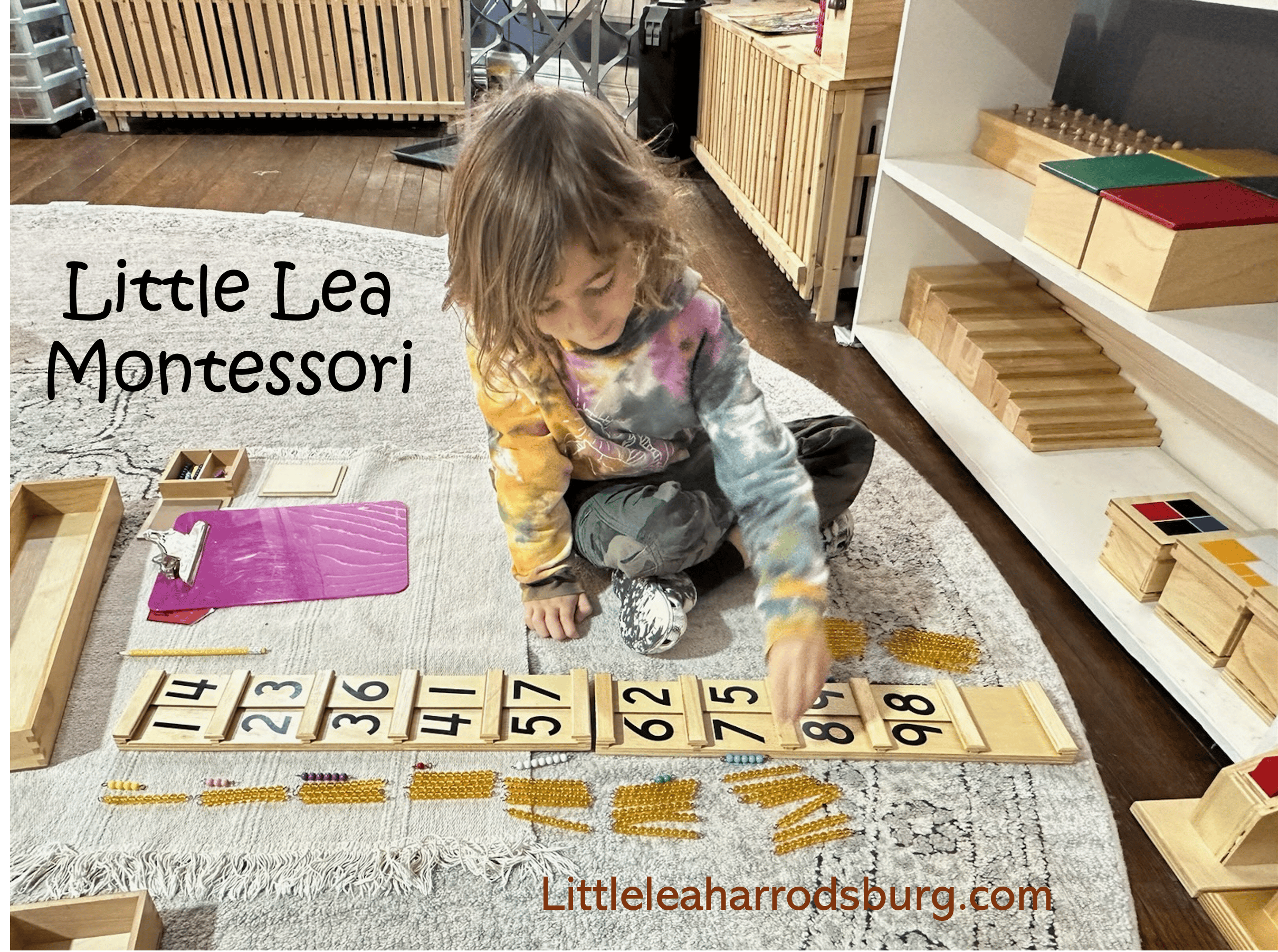 Child on a rug using Montessori number and bead materials