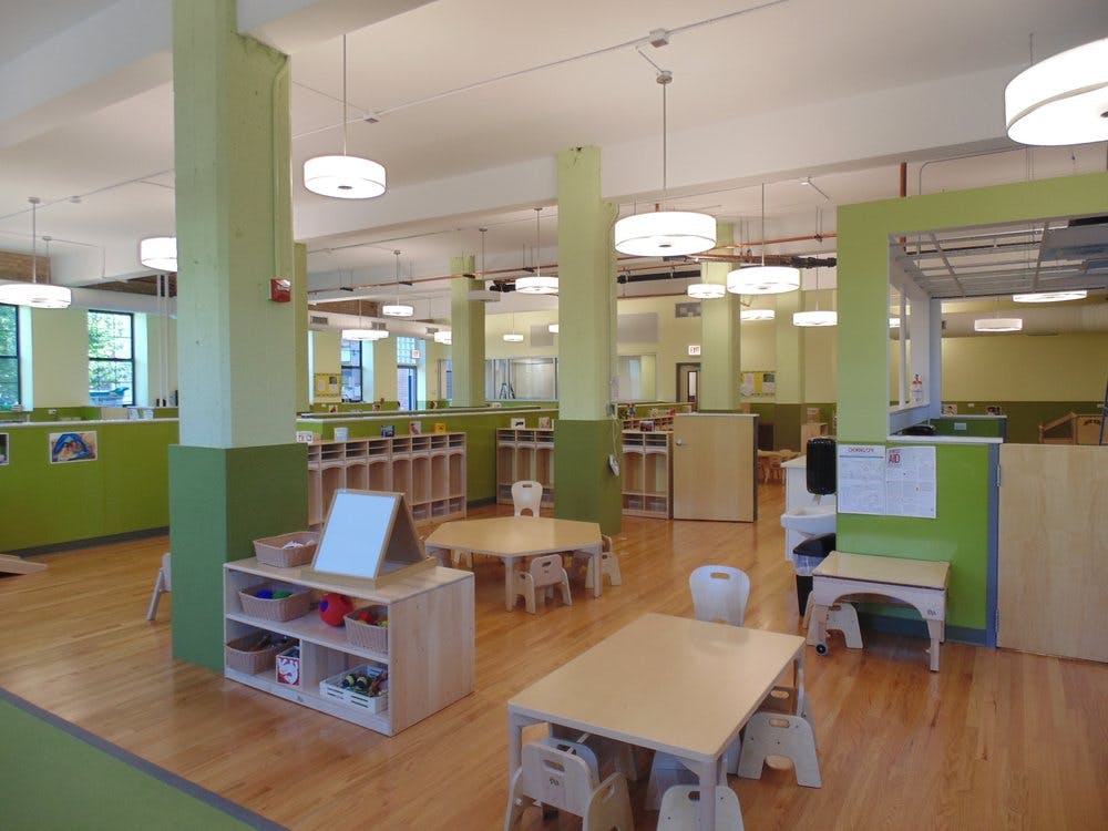Empty classroom with small tables and chairs