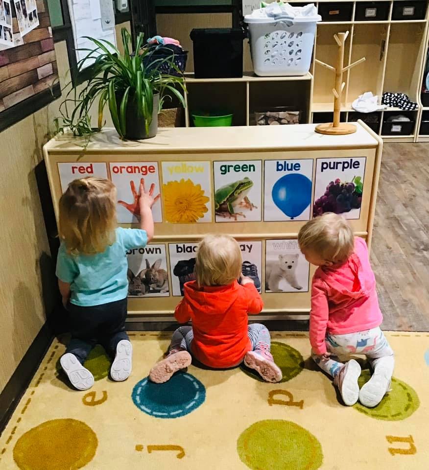 Three children interacting with a color and animal chart