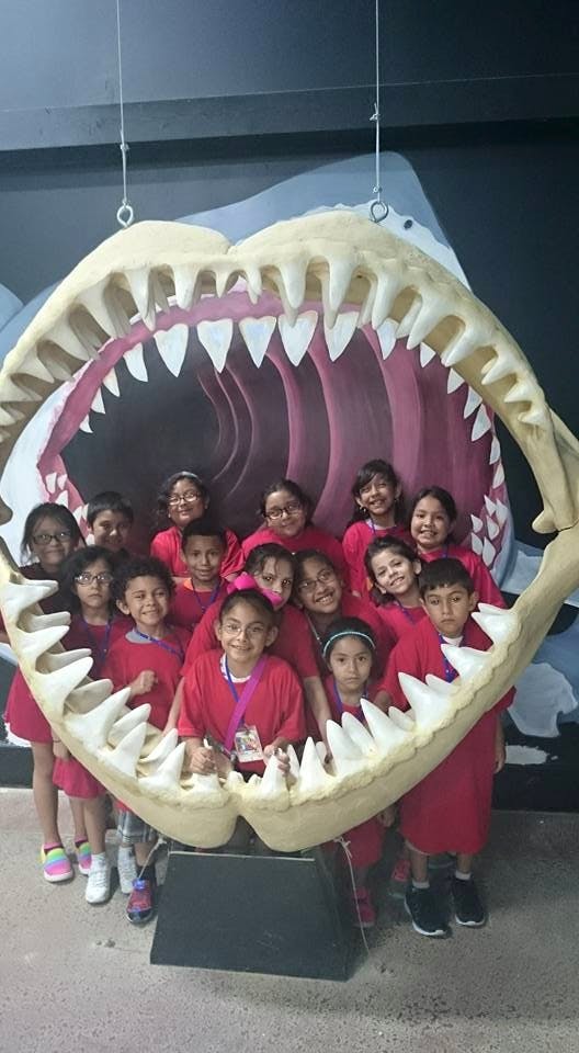 Group of children posing inside a large shark jaw display