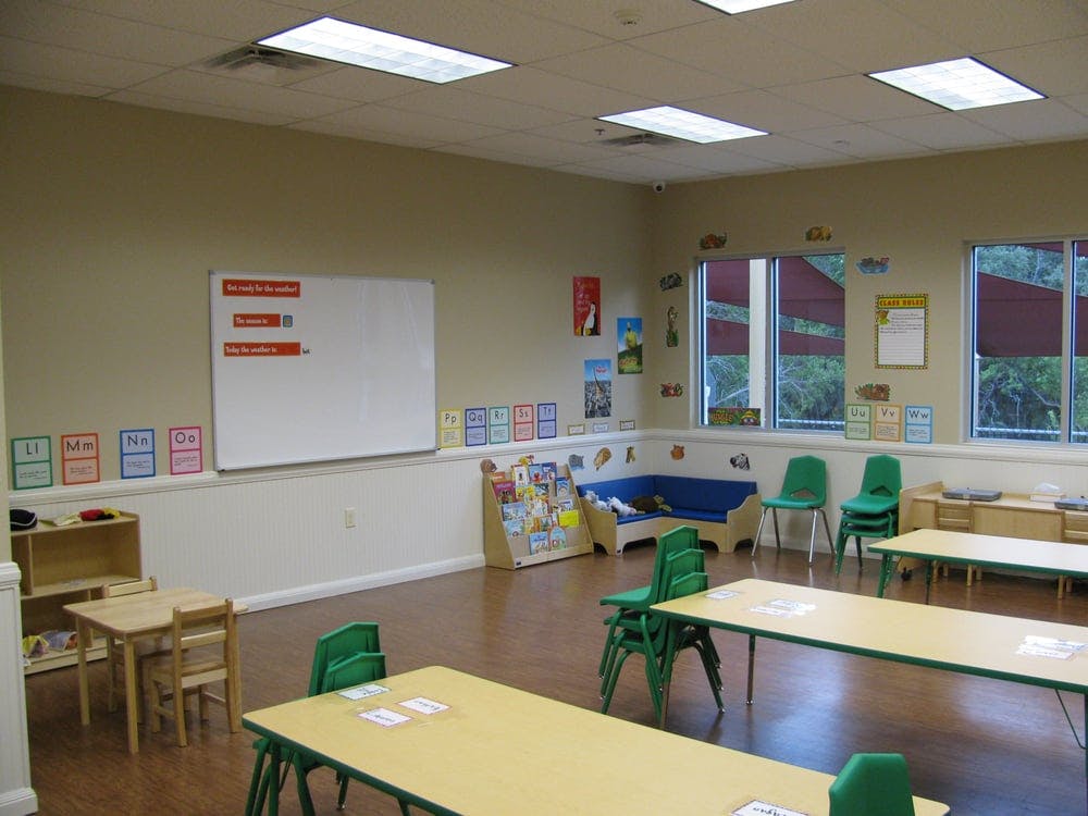 Empty classroom with small tables, chairs, and learning materials on the walls