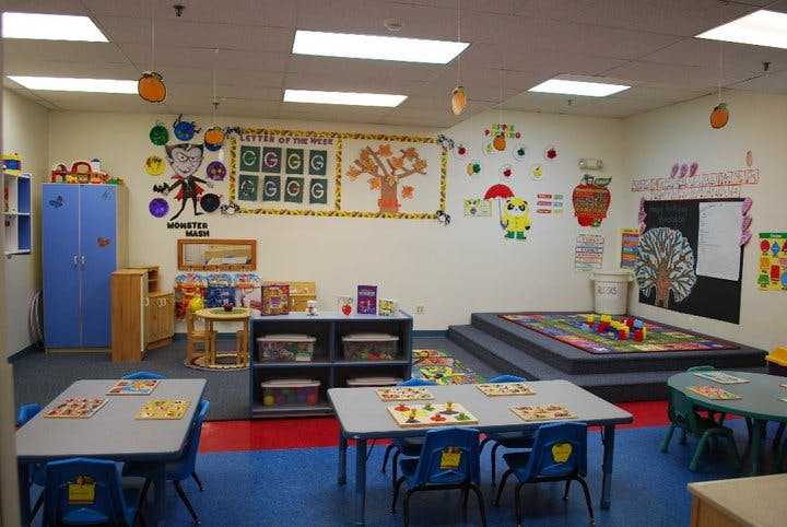 Classroom with tables, chairs, and colorful decorations on the walls
